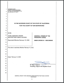 Third Amended Order Restricting Public Access Rescinded Effective February 15, 2022